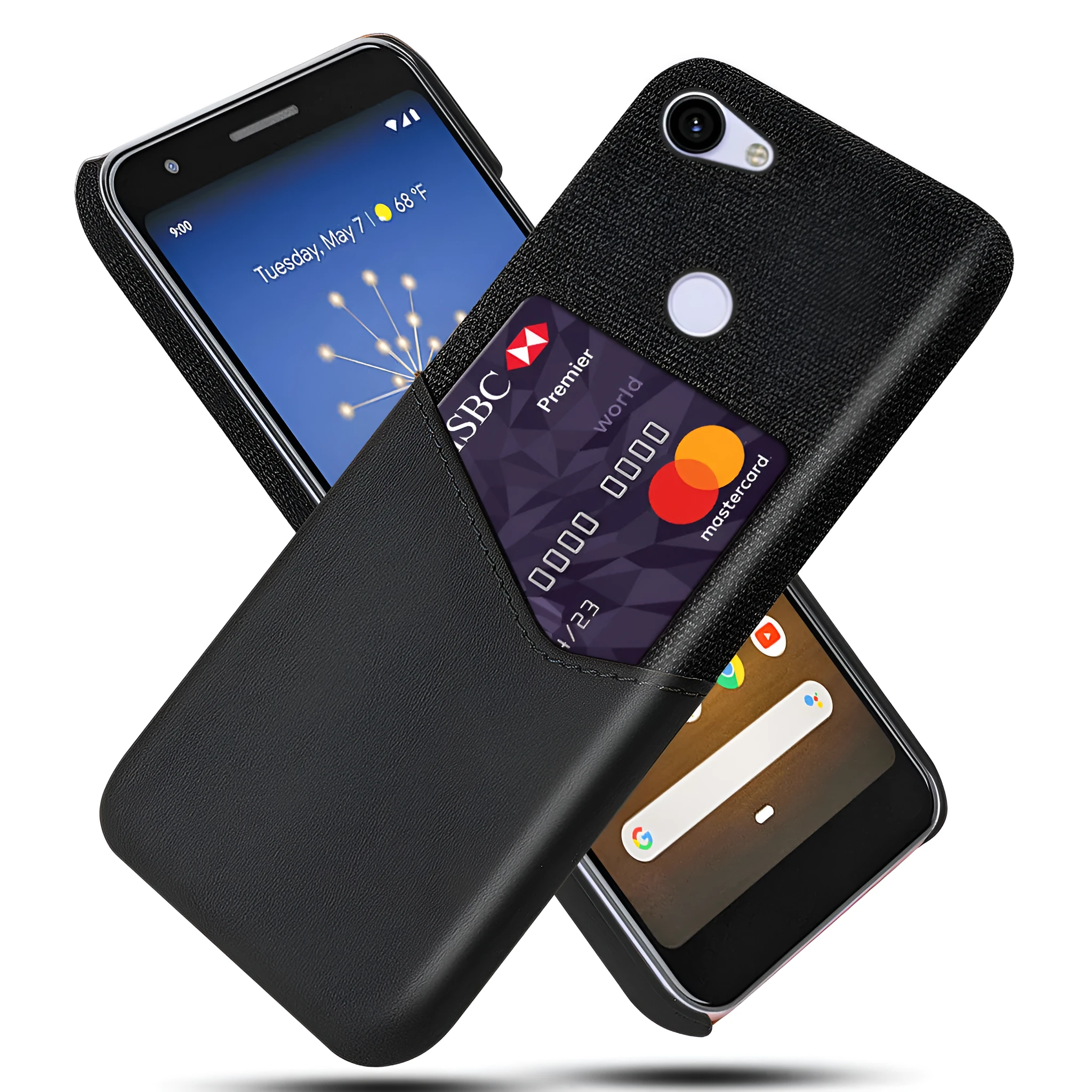 Solid-colour leather back cover case for Google Pixel mobile phone on a table.
