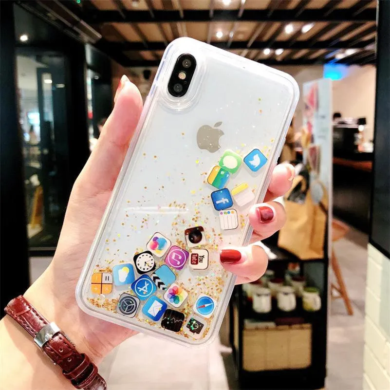 Glittering quicksand TPU back cover for iPhone in gold colour, showing flowing glitter particles inside the clear case