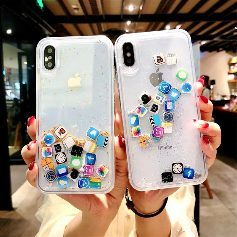 Glittering quicksand TPU back cover for iPhone in gold colour, showing flowing glitter particles inside the clear case