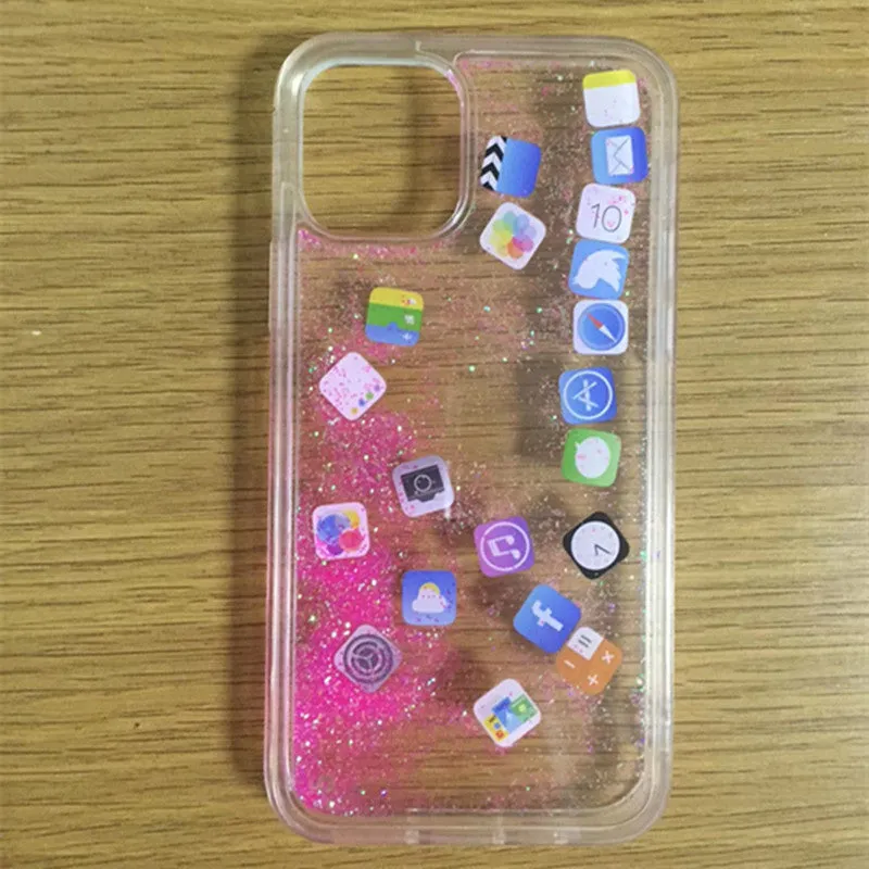 Glittering quicksand TPU back cover for iPhone in gold colour, showing flowing glitter particles inside the clear case