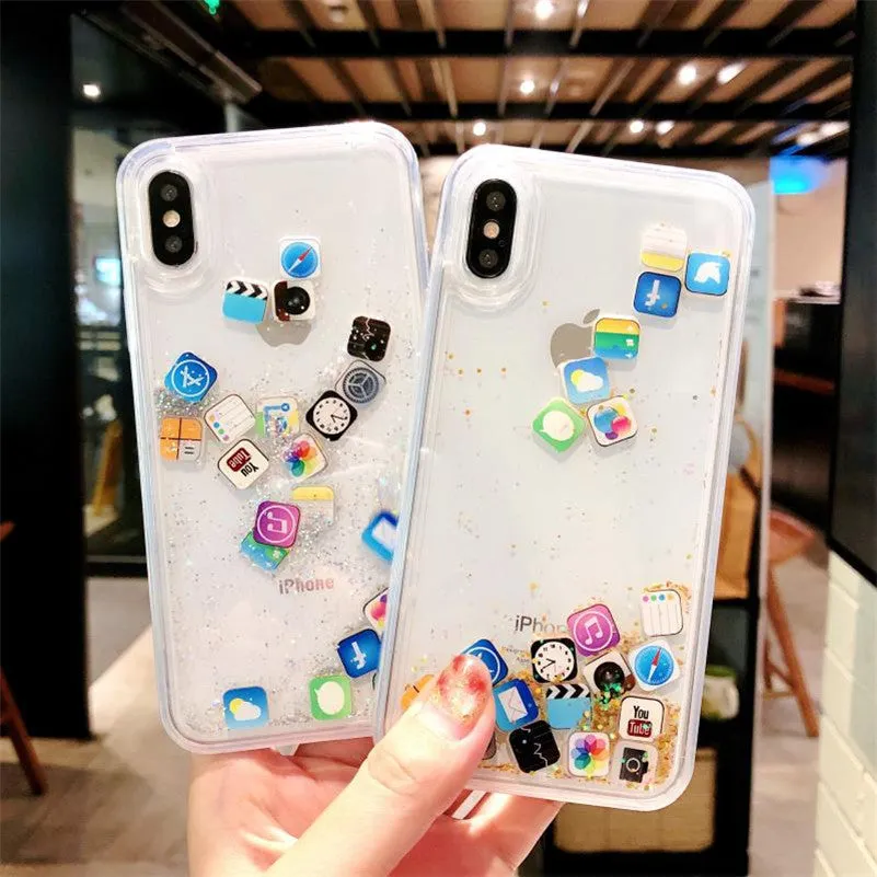 Glittering quicksand TPU back cover for iPhone in gold colour, showing flowing glitter particles inside the clear case