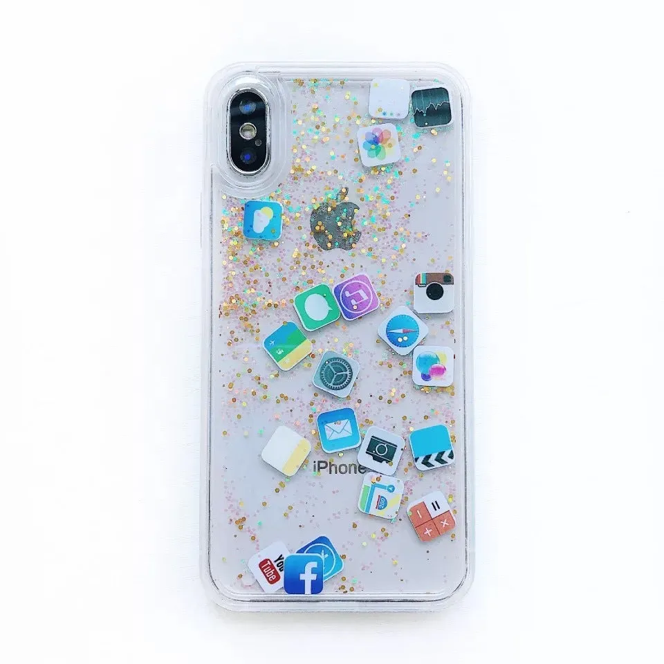 Glittering quicksand TPU back cover for iPhone in gold colour, showing flowing glitter particles inside the clear case