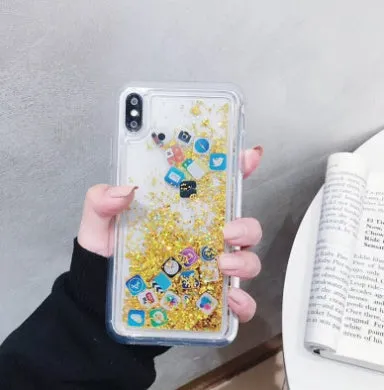 Glittering quicksand TPU back cover for iPhone in gold colour, showing flowing glitter particles inside the clear case