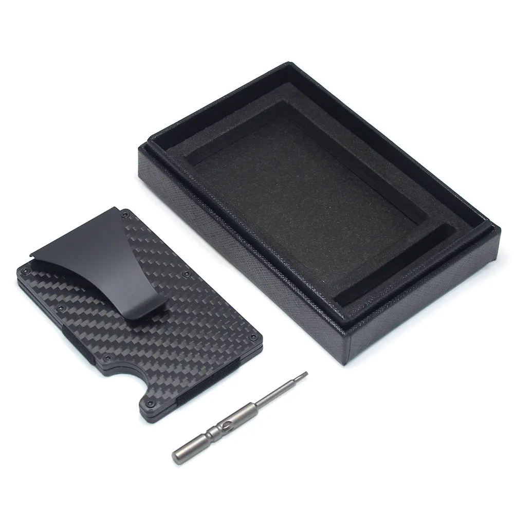 Geometric carbon fibre and aluminium card wallet in a choice of colours, showing 8mm thickness.