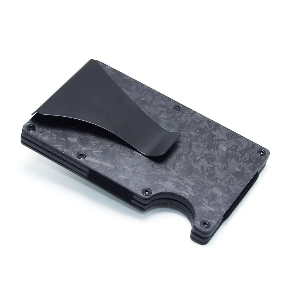 Geometric carbon fibre and aluminium card wallet in a choice of colours, showing 8mm thickness.