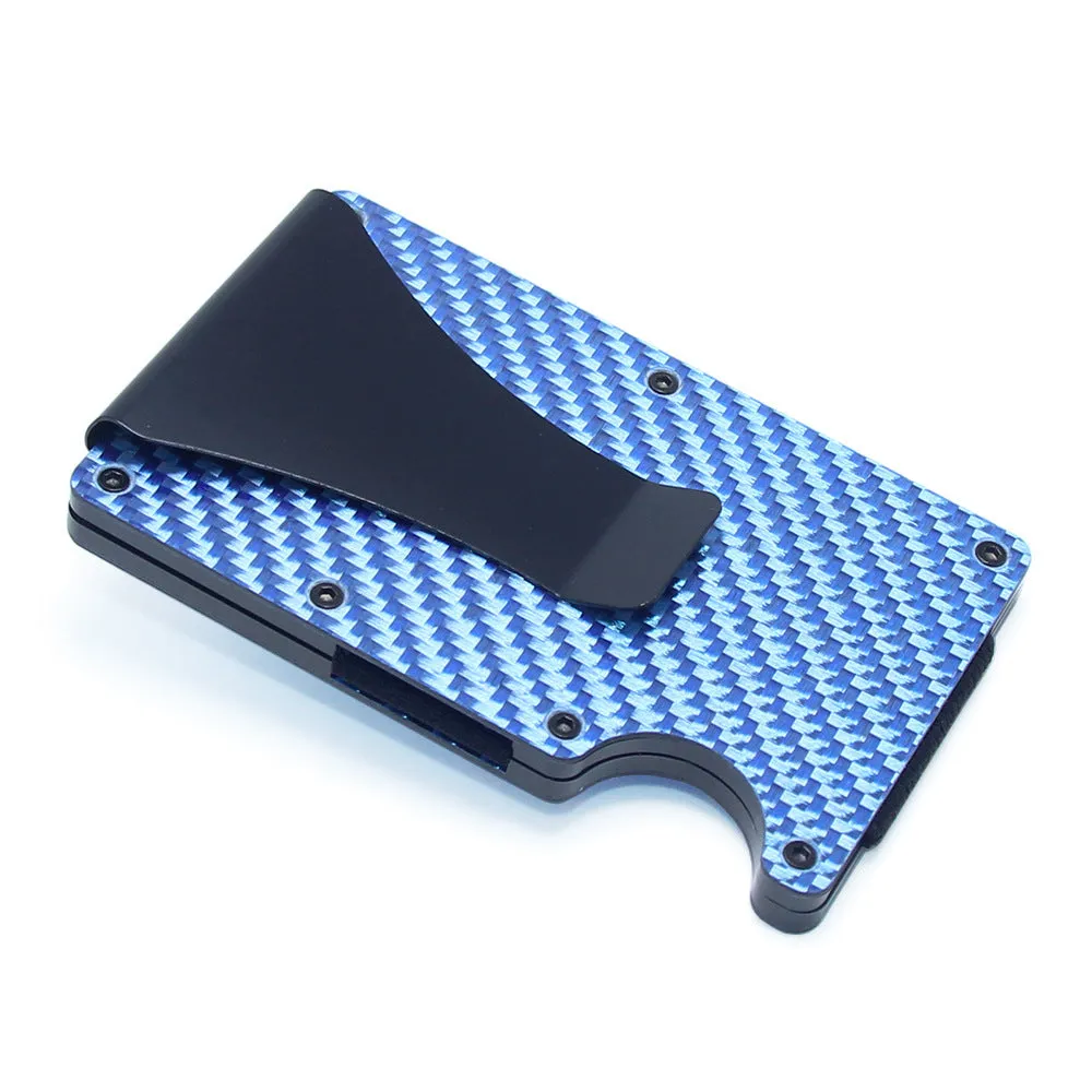 Geometric carbon fibre and aluminium card wallet in a choice of colours, showing 8mm thickness.