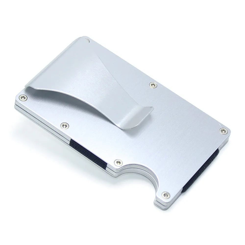 Geometric carbon fibre and aluminium card wallet in a choice of colours, showing 8mm thickness.