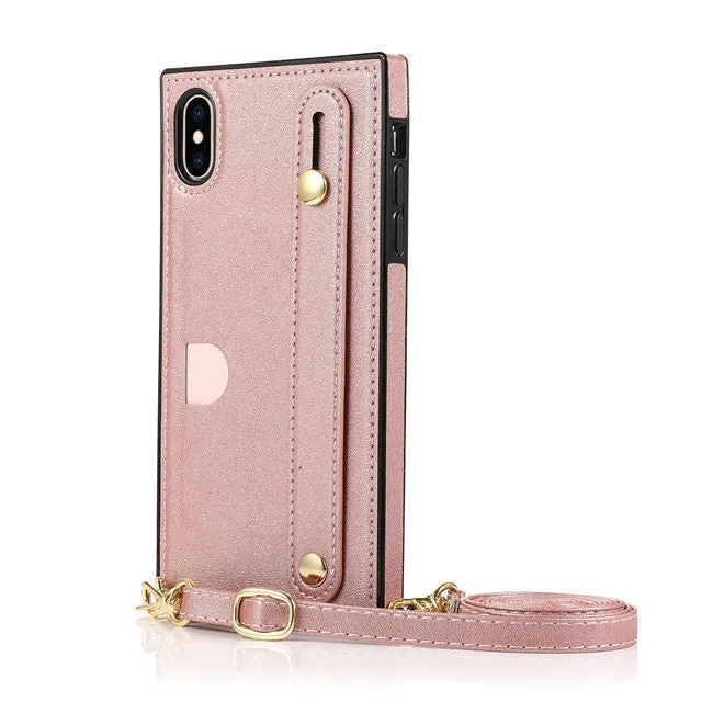 Leather iPhone holster case with card holder slot and attached wrist strap in multiple colours.