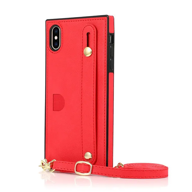 Leather iPhone holster case with card holder slot and attached wrist strap in multiple colours.