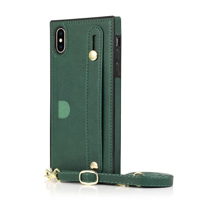 Leather iPhone holster case with card holder slot and attached wrist strap in multiple colours.