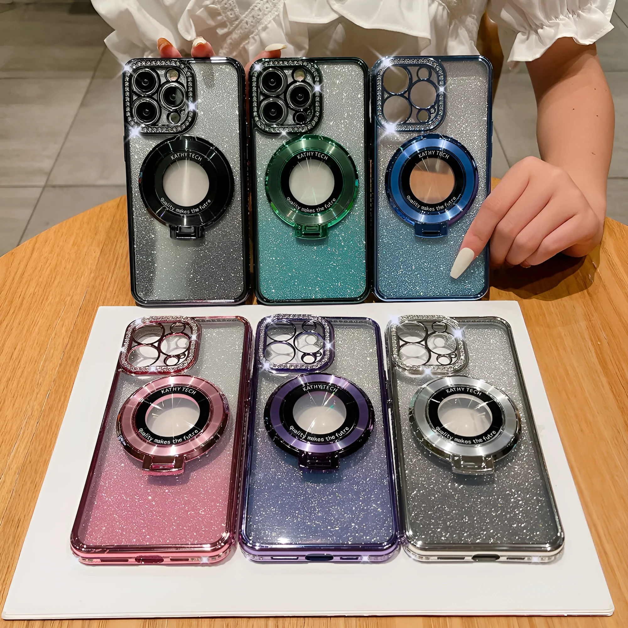 Glitter TPU electroplating magnetic bracket phone case for iPhone 15 Pro Max in purple colour