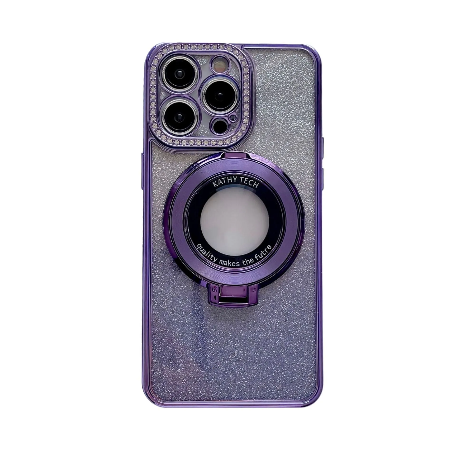 Glitter TPU electroplating magnetic bracket phone case for iPhone 15 Pro Max in purple colour