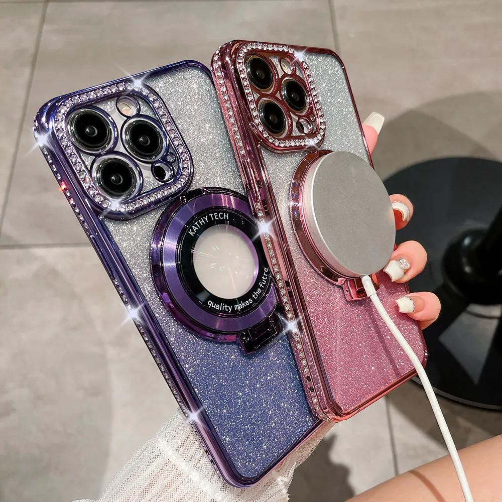 Glitter TPU electroplating magnetic bracket phone case for iPhone 15 Pro Max in purple colour