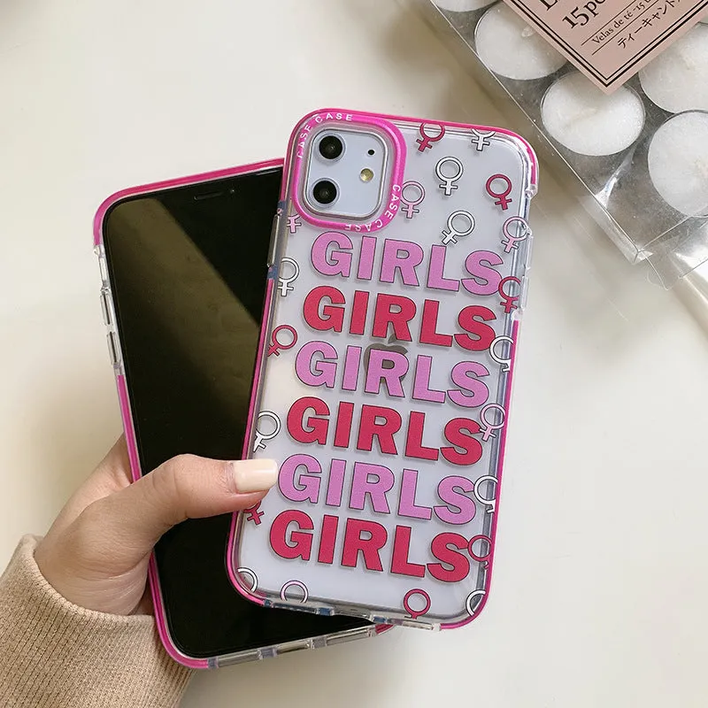 Girl all-inclusive soft TPU transparent case for iPhone with black circle GIRLS pink letter print
