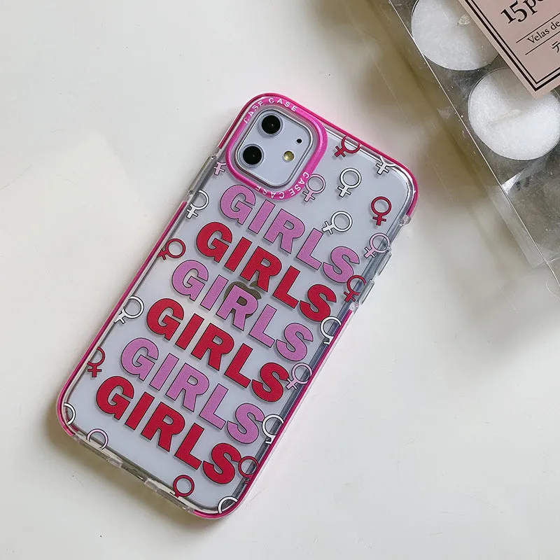 Girl all-inclusive soft TPU transparent case for iPhone with black circle GIRLS pink letter print