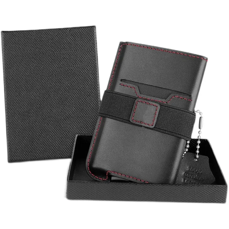 Leather men's compact wallet with aluminium alloy card holder in black and red