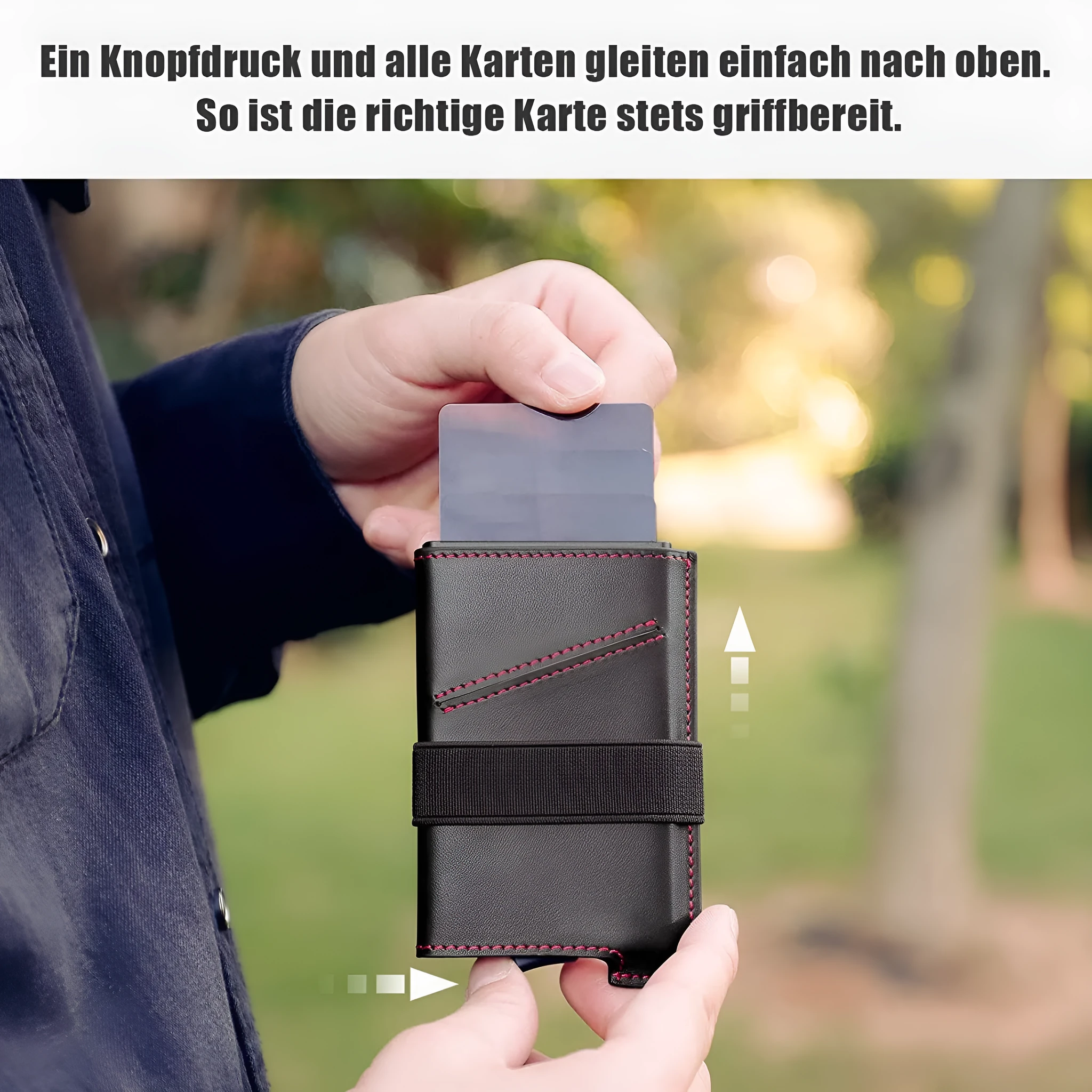 Leather men's compact wallet with aluminium alloy card holder in black and red