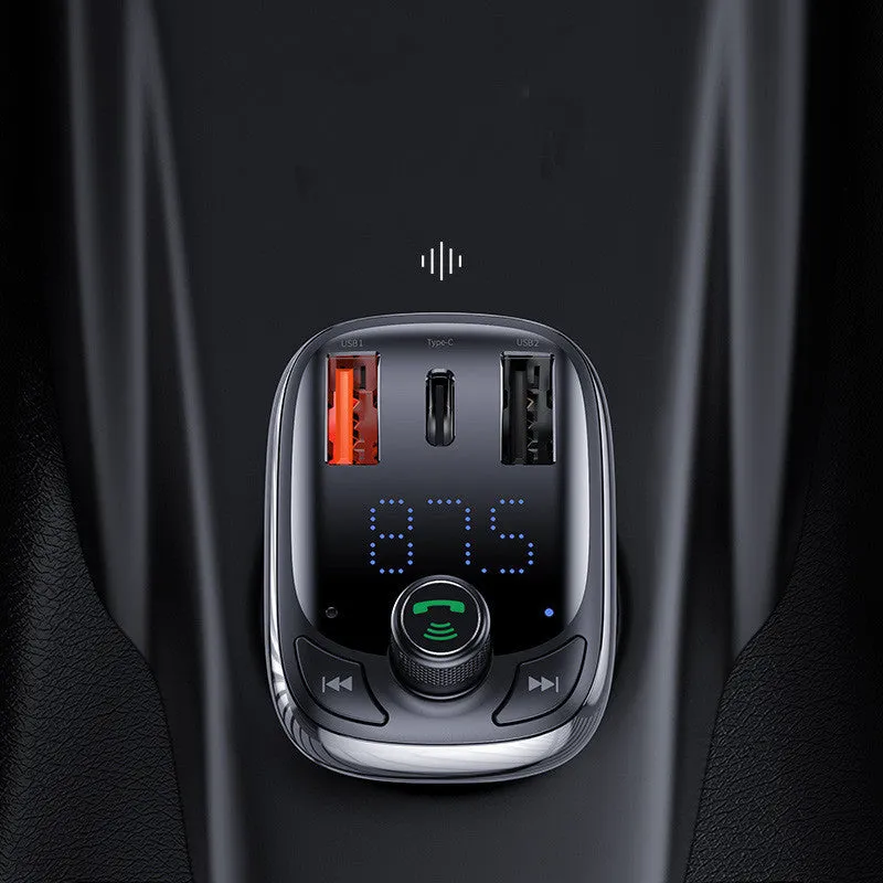 Black car charger with anti-slip shrapnel for hands-free calling and dual device connection