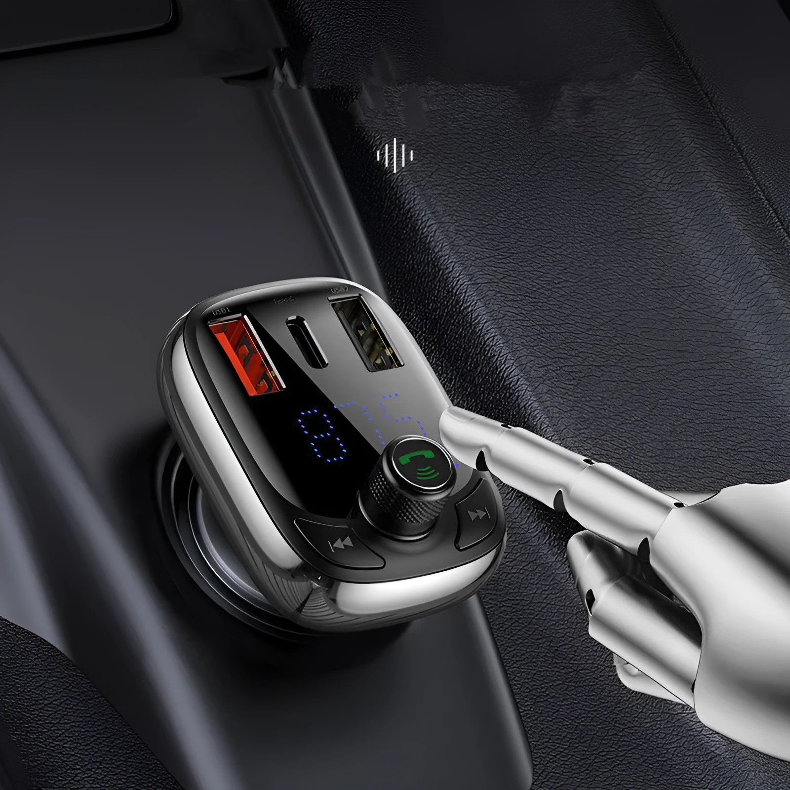 Black car charger with anti-slip shrapnel for hands-free calling and dual device connection