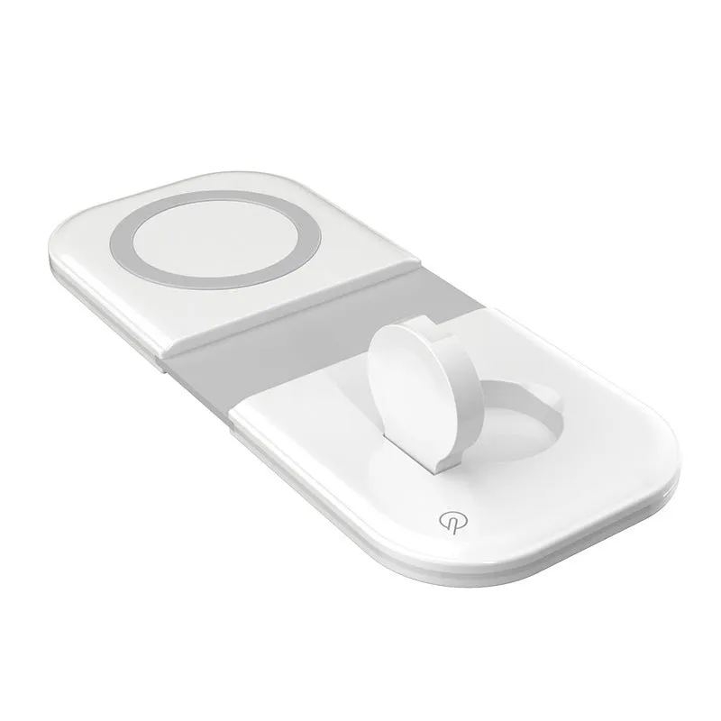 White folding dual magnetic desktop wireless charger with USB Type C ports, 190x11x80 mm, on a desk