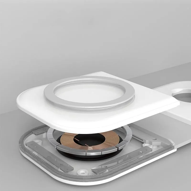 White folding dual magnetic desktop wireless charger with USB Type C ports, 190x11x80 mm, on a desk