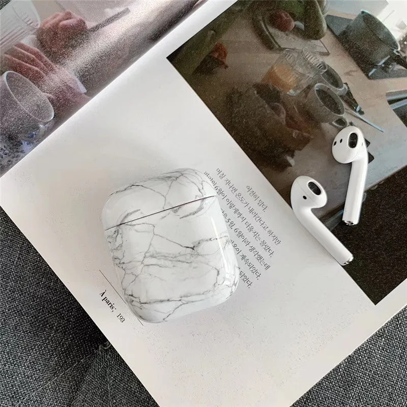 White Marble hard PC protective cover case for Apple AirPods 1 and 2 charging box.