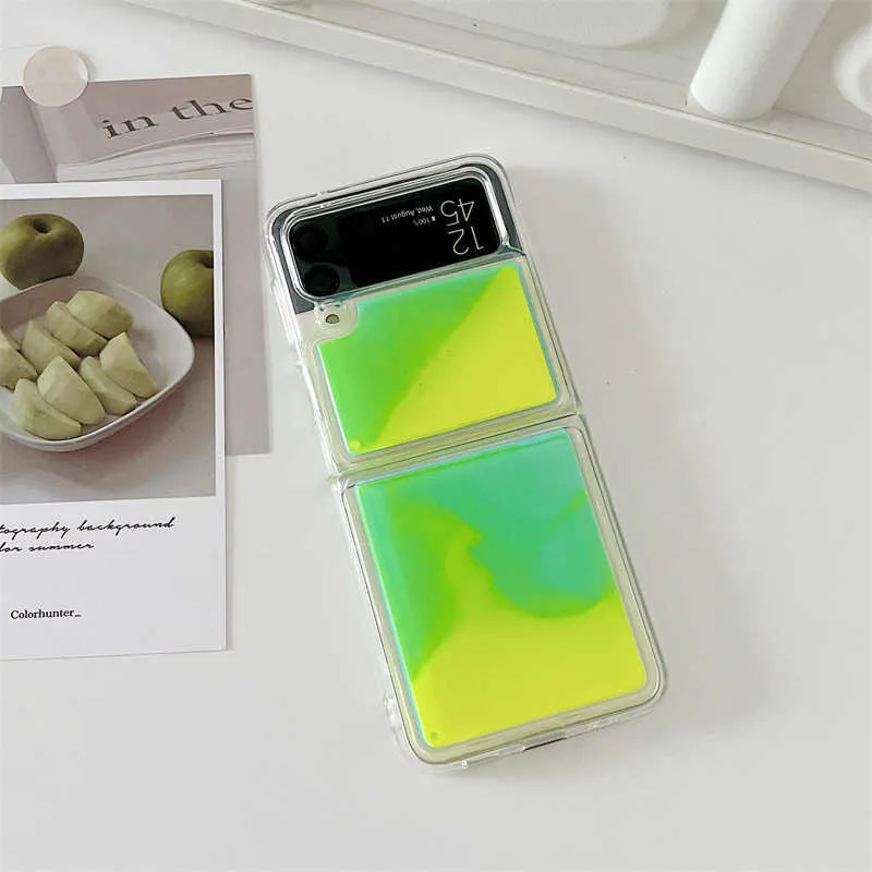 Luminous quicksand silicone phone case for Samsung Galaxy Z Flip6 in yellow green colour