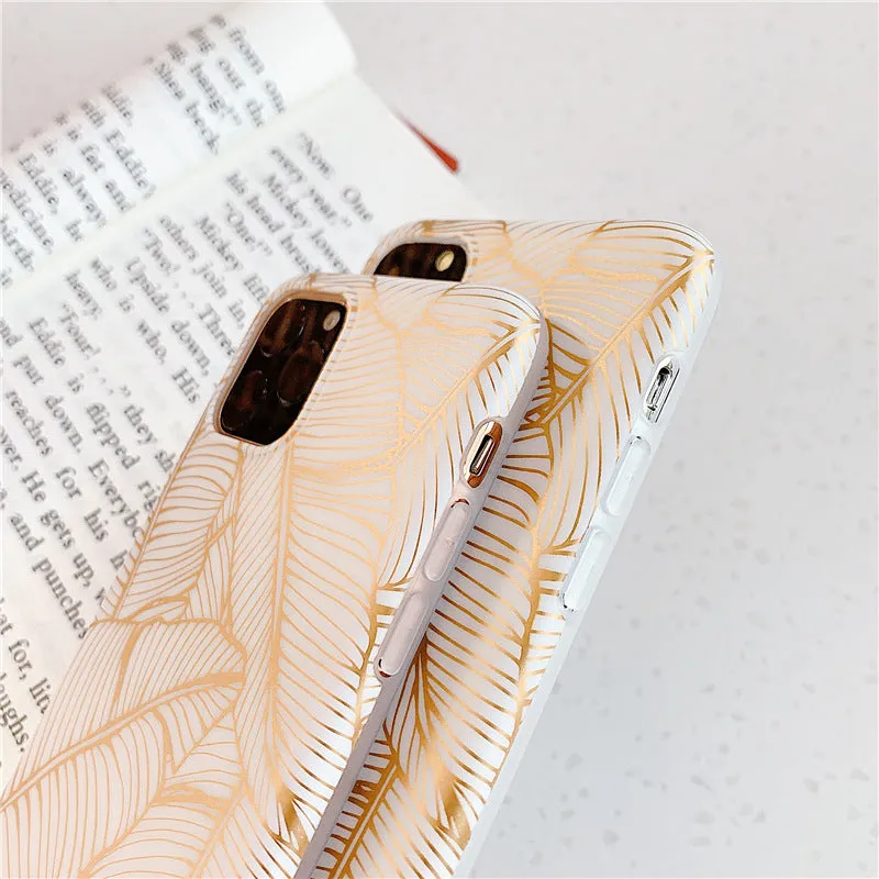 Gold leaf design TPU phone case for iPhone with nature pattern on back
