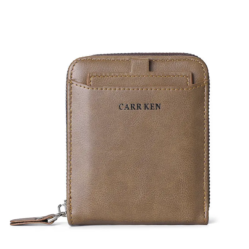 Men's short horizontal square zipper wallet in brown polyurethane leather with multiple card slots and metal zipper closure