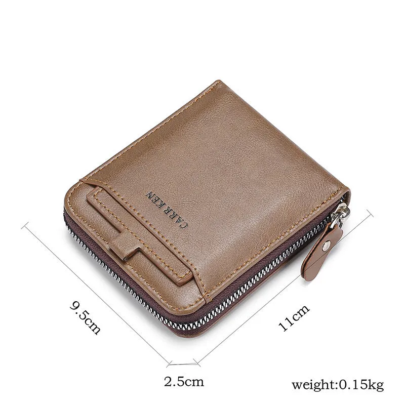 Men's short horizontal square zipper wallet in brown polyurethane leather with multiple card slots and metal zipper closure