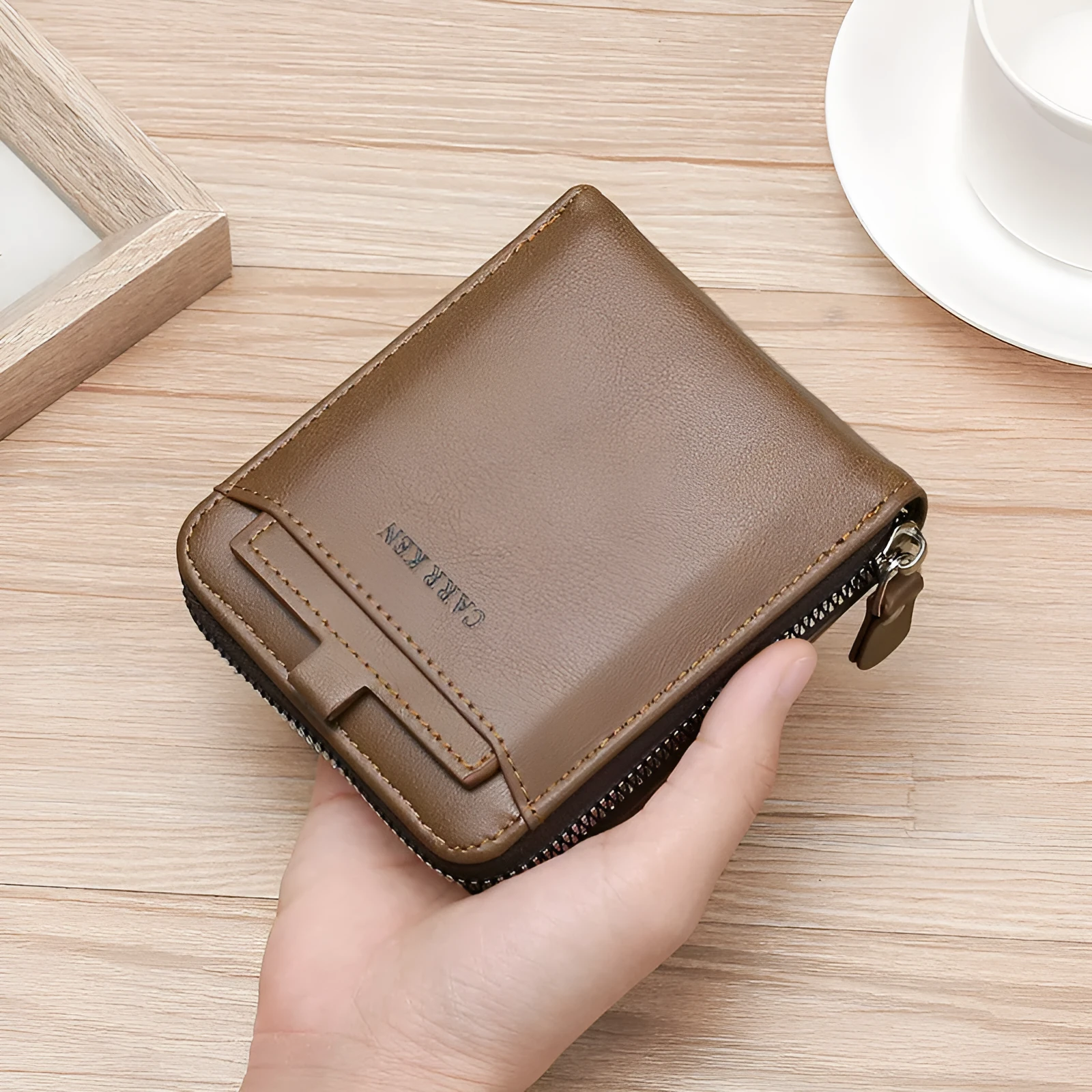 Men's short horizontal square zipper wallet in brown polyurethane leather with multiple card slots and metal zipper closure