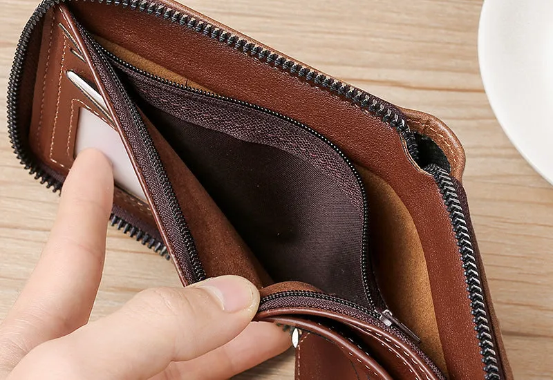 Men's short horizontal square zipper wallet in brown polyurethane leather with multiple card slots and metal zipper closure