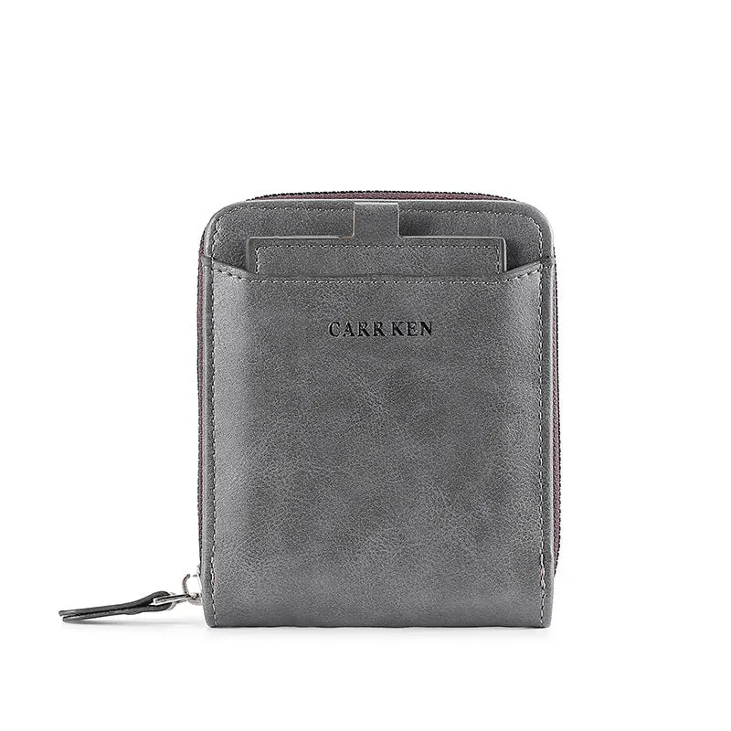 Men's short horizontal square zipper wallet in brown polyurethane leather with multiple card slots and metal zipper closure