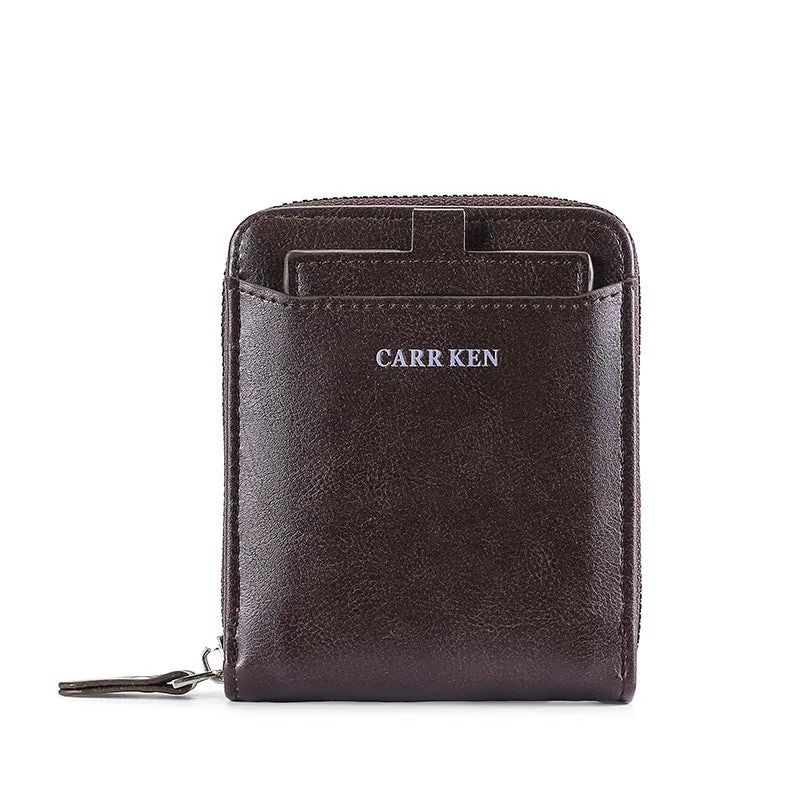 Men's short horizontal square zipper wallet in brown polyurethane leather with multiple card slots and metal zipper closure