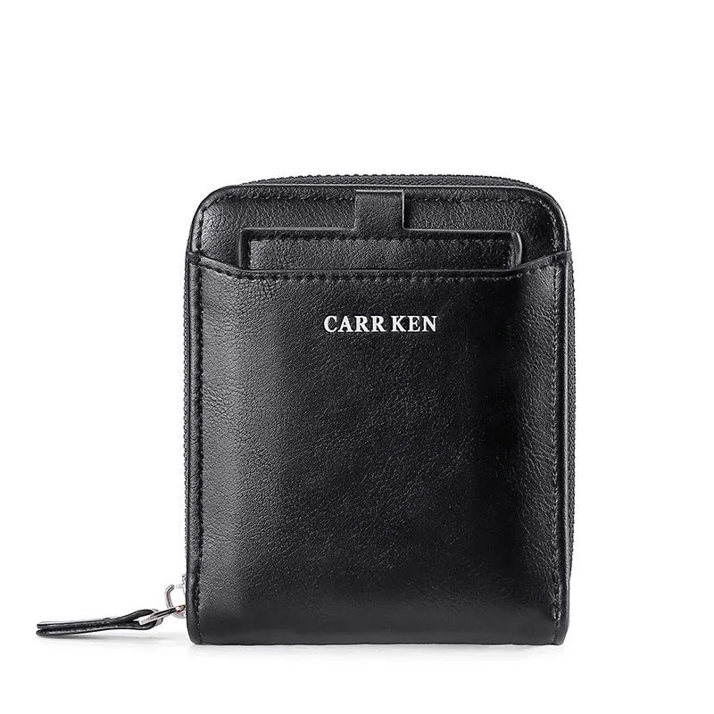 Men's short horizontal square zipper wallet in brown polyurethane leather with multiple card slots and metal zipper closure