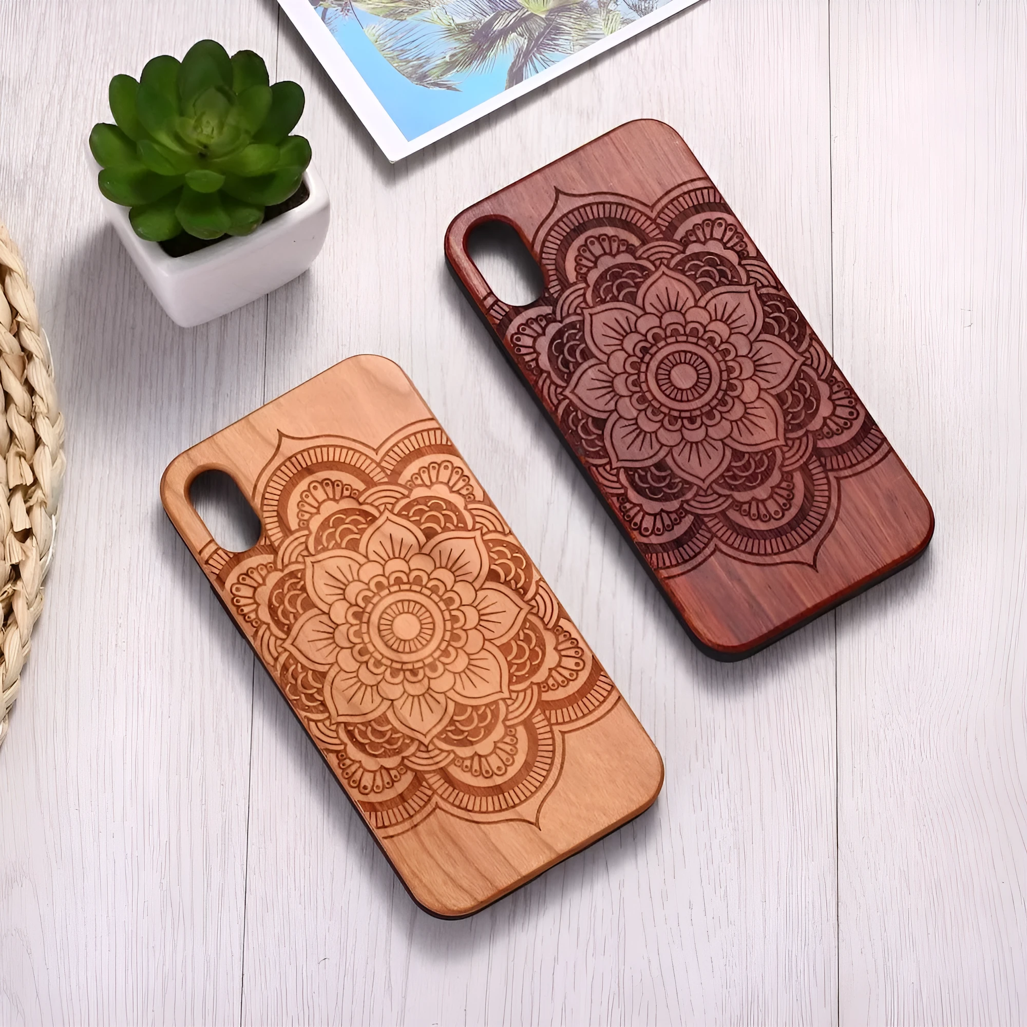 Mandala stick wood TPU phone case with laser-carved design for iPhone, brown finish