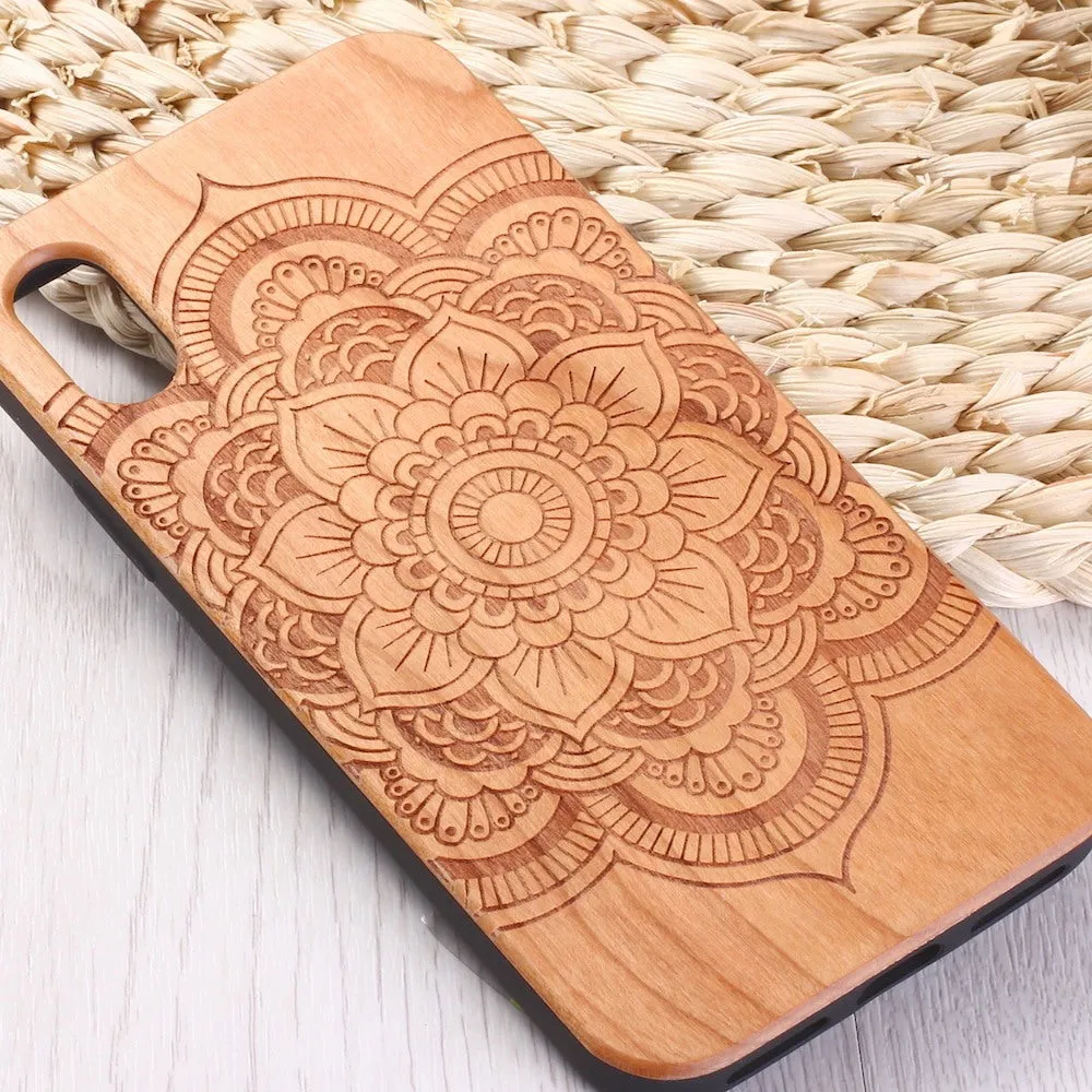 Mandala stick wood TPU phone case with laser-carved design for iPhone, brown finish