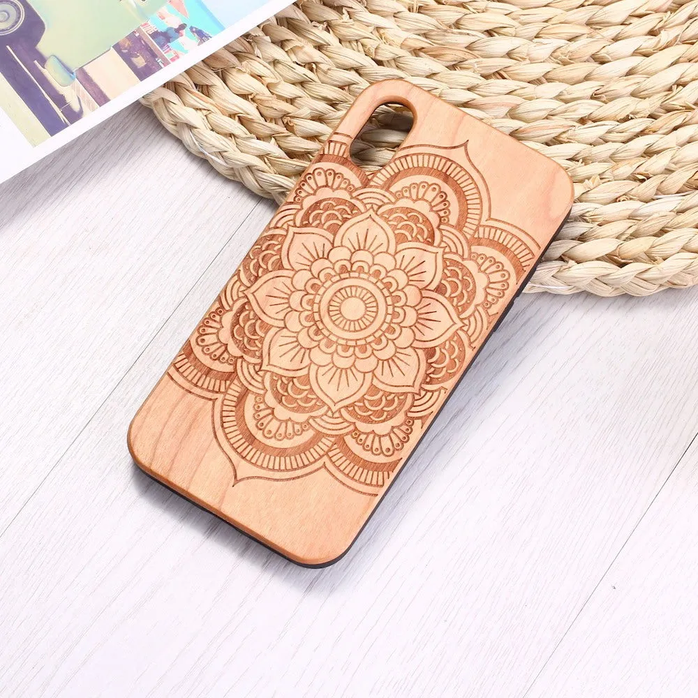Mandala stick wood TPU phone case with laser-carved design for iPhone, brown finish