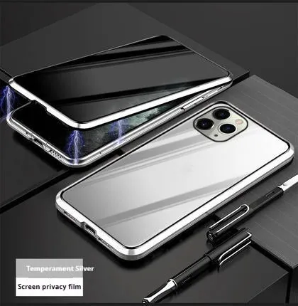 Magnetic double-sided peep-proof glass phone case in black for iPhone 13 to 16 series with metal frame