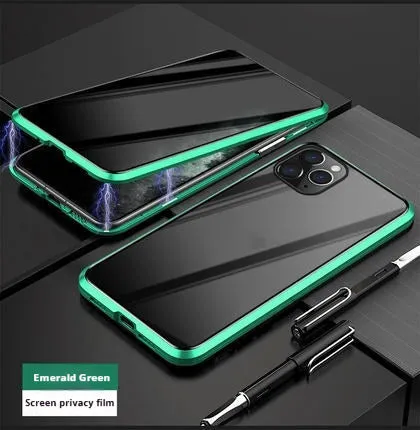 Magnetic double-sided peep-proof glass phone case in black for iPhone 13 to 16 series with metal frame