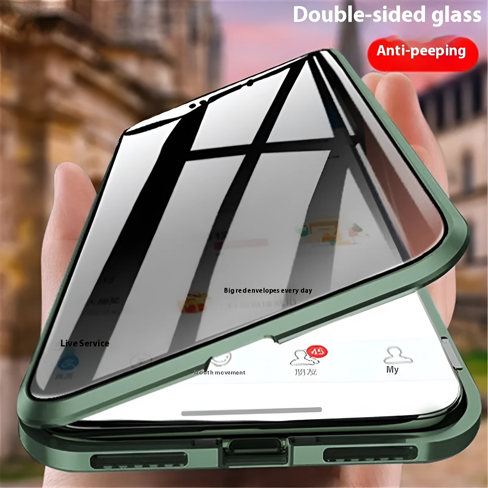 Magnetic double-sided peep-proof glass phone case in black for iPhone 13 to 16 series with metal frame