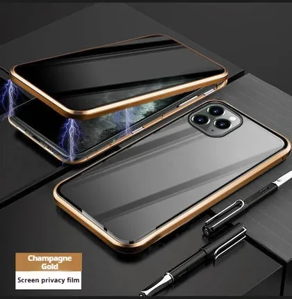 Magnetic double-sided peep-proof glass phone case in black for iPhone 13 to 16 series with metal frame