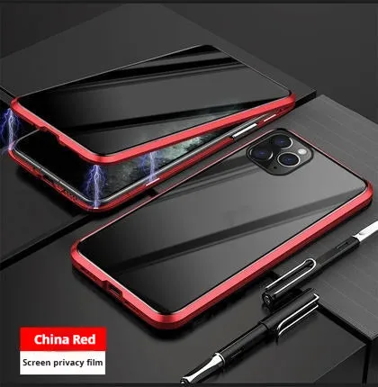 Magnetic double-sided peep-proof glass phone case in black for iPhone 13 to 16 series with metal frame