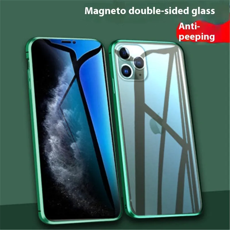 Magnetic double-sided peep-proof glass phone case in black for iPhone 13 to 16 series with metal frame