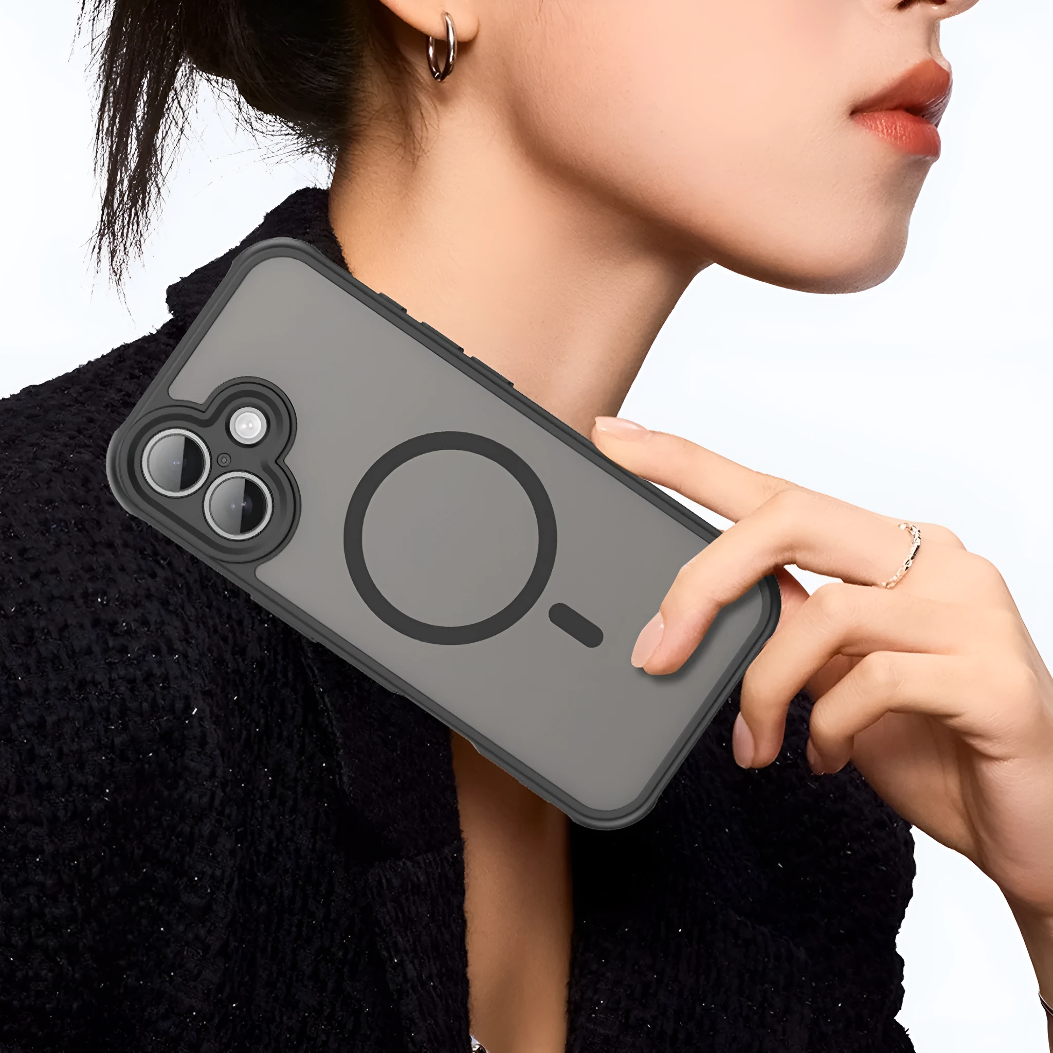 Frosted TPU PC magnetic phone case for iPhone 17 showing drop-resistant design and bracket in black colour