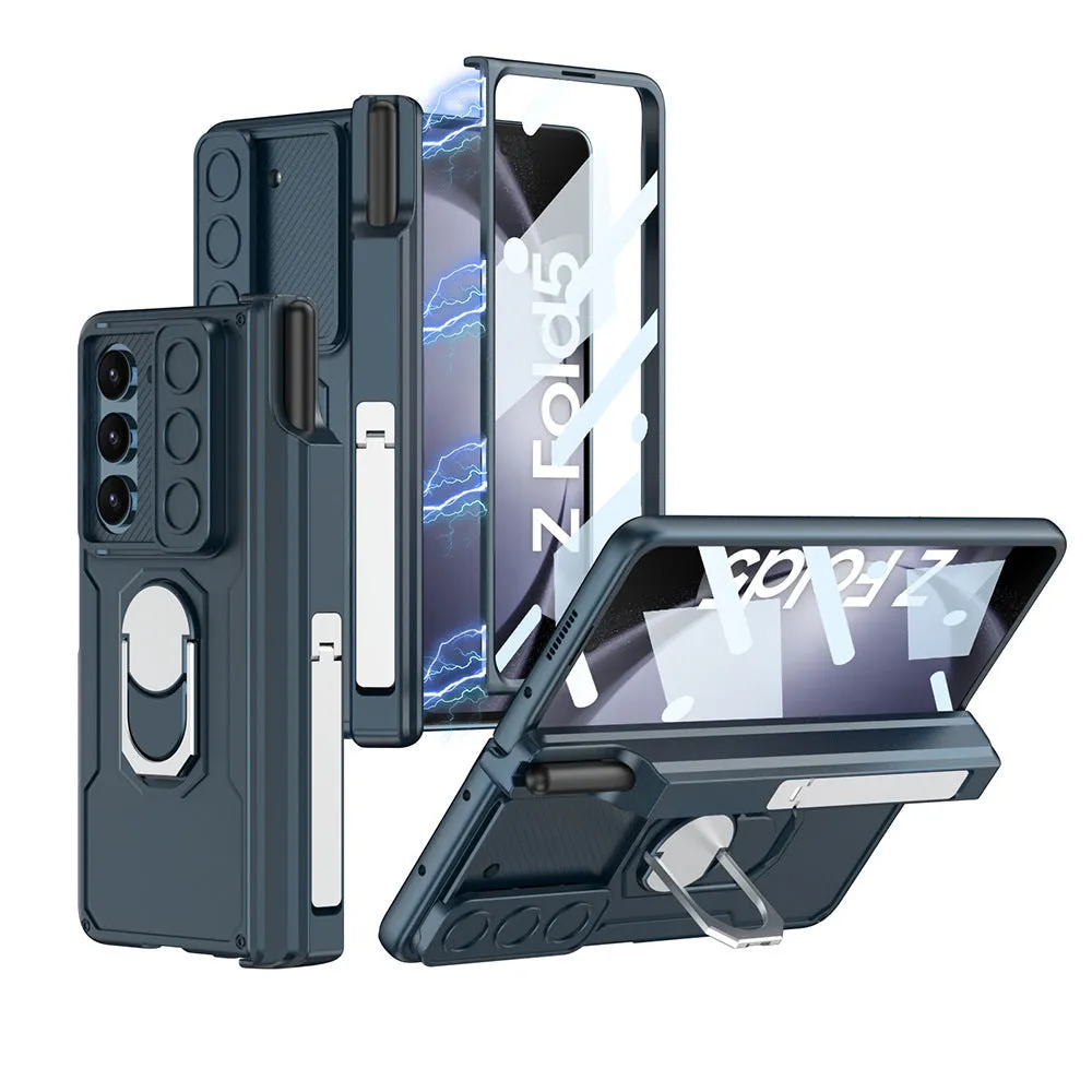 Folding hinge phone case with magnetic bracket for Samsung SM Folder 4 in black colour
