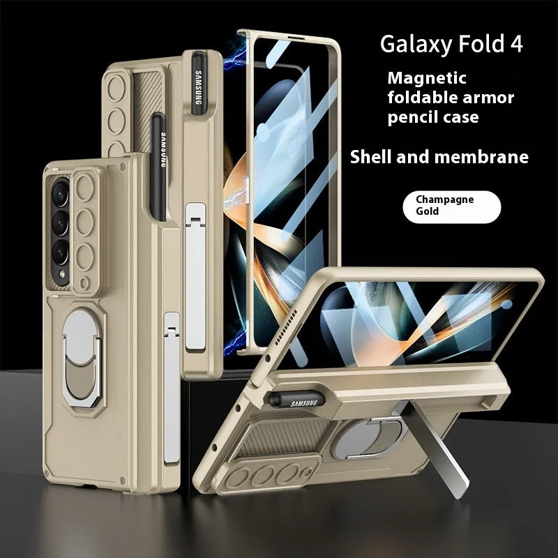 Folding hinge phone case with magnetic bracket for Samsung SM Folder 4 in black colour