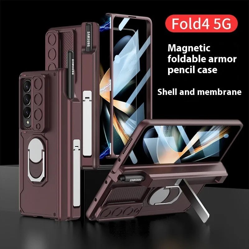 Folding hinge phone case with magnetic bracket for Samsung SM Folder 4 in black colour