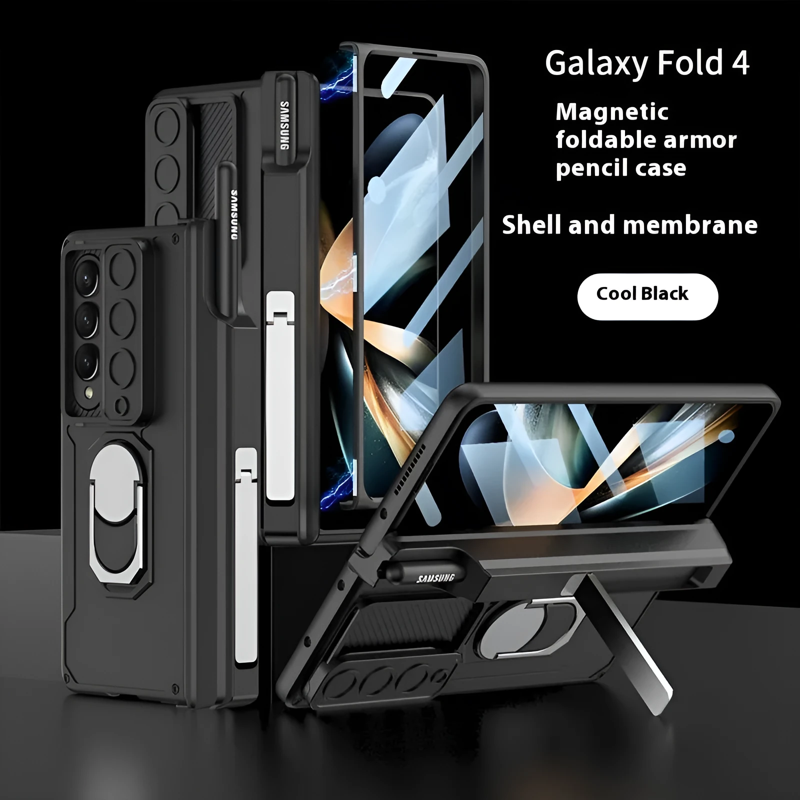 Folding hinge phone case with magnetic bracket for Samsung SM Folder 4 in black colour