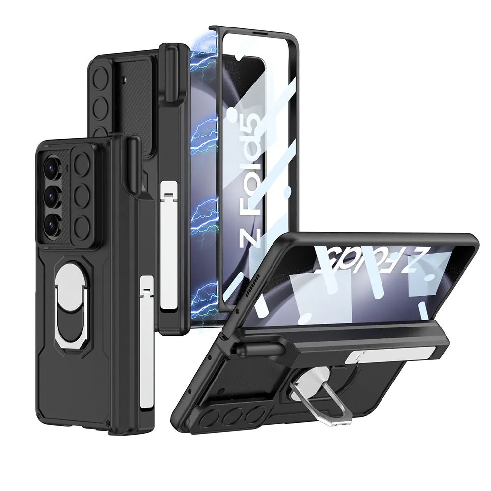 Folding hinge phone case with magnetic bracket for Samsung SM Folder 4 in black colour